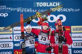30.12.2018, Toblach, Italy (ITA): Simen Hegstad Krueger (NOR), Sergey Ustiugov (RUS), Alexander Bolshunov (RUS), (l-r) - FIS world cup cross-country, tour de ski, 15km men, Toblach (ITA). www.nordicfocus.com. © Modica/NordicFocus. Every downloaded picture is fee-liable.