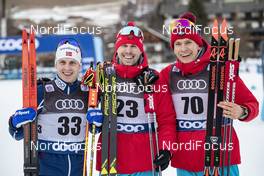 30.12.2018, Toblach, Italy (ITA): Simen Hegstad Krueger (NOR), Sergey Ustiugov (RUS), Alexander Bolshunov (RUS), (l-r)  - FIS world cup cross-country, tour de ski, 15km men, Toblach (ITA). www.nordicfocus.com. © Modica/NordicFocus. Every downloaded picture is fee-liable.