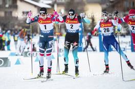29.12.2018, Toblach, Italy (ITA): Johannes Hoesflot Klaebo (NOR), Lucas Chanavat (FRA), Jason Rueesch (SUI), (l-r)  - FIS world cup cross-country, tour de ski, individual sprint, Toblach (ITA). www.nordicfocus.com. © Modica/NordicFocus. Every downloaded picture is fee-liable.