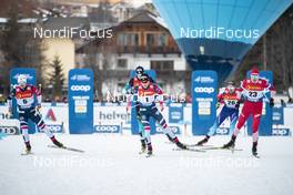 29.12.2018, Toblach, Italy (ITA): Sindre Bjoernestad Skar (NOR), Johannes Hoesflot Klaebo (NOR), Jason Rueesch (SUI), Sergey Ustiugov (RUS), (l-r)  - FIS world cup cross-country, tour de ski, individual sprint, Toblach (ITA). www.nordicfocus.com. © Modica/NordicFocus. Every downloaded picture is fee-liable.