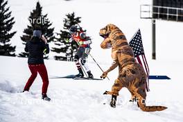17.02.2019, Soldier Hollow, United States of America (USA): Jake Brown (USA) cheered by an american dinosaur -  IBU world cup biathlon, relay mixed, Soldier Hollow (USA). www.nordicfocus.com. © Manzoni/NordicFocus. Every downloaded picture is fee-liable.