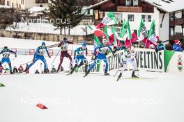 13.01.2018, Val di Fiemme, Italy (ITA): Dmytro Mazurchuk (UKR), Aaron Kostner (ITA), Timofey Borisov (RUS), Raffaele Buzzi (ITA), Karl-August Tiirmaa (EST), (l-r)  - FIS world cup nordic combined, team sprint HS134/2x7.5km, Val di Fiemme (ITA). www.nordicfocus.com. © Modica/NordicFocus. Every downloaded picture is fee-liable.