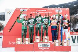 13.01.2018, Val di Fiemme, Italy (ITA): Fabian Riessle (GER), Johannes Rydzek (GER), Vinzenz Geiger (GER), Eric Frenzel (GER), Magnus Hovdal Moan (NOR), Mikko Kokslien (NOR), (l-r) - FIS world cup nordic combined, team sprint HS134/2x7.5km, Val di Fiemme (ITA). www.nordicfocus.com. © Modica/NordicFocus. Every downloaded picture is fee-liable.
