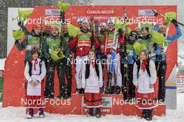 21.01.2018, Chaux-Neuve, France (FRA): Eric Frenzel (GER), Fabian Riessle (GER), Johannes Rydzek (GER), Vinzenz Geiger (GER), Jan Schmid (NOR), Espen Andersen (NOR), Jarl Riiber (NOR), Joergen Graabak (NOR), (l-r) - FIS world cup nordic combined, team HS118/4x5km, Chaux-Neuve (FRA). www.nordicfocus.com. © Thibaut/NordicFocus. Every downloaded picture is fee-liable.