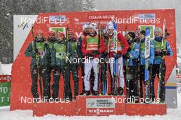 21.01.2018, Chaux-Neuve, France (FRA): Eric Frenzel (GER), Fabian Riessle (GER), Johannes Rydzek (GER), Vinzenz Geiger (GER), Jan Schmid (NOR), Espen Andersen (NOR), Jarl Riiber (NOR), Joergen Graabak (NOR), (l-r) - FIS world cup nordic combined, team HS118/4x5km, Chaux-Neuve (FRA). www.nordicfocus.com. © Thibaut/NordicFocus. Every downloaded picture is fee-liable.