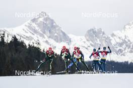 28.01.2018, Seefeld, Austria (AUT): Johannes Rydzek (GER), Bjoern Kircheisen (GER), Manuel Faisst (GER), (l-r)  - FIS world cup nordic combined, individual gundersen HS109/15km, Seefeld (AUT). www.nordicfocus.com. © Modica/NordicFocus. Every downloaded picture is fee-liable.