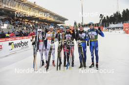 03.03.2018, Lahti, Finland (FIN): Jan Schmid (NOR), Joergen Graabak (NOR), Bernhard Gruber (AUT), Wilhelm Denifl (AUT), Ilkka Herola (FIN), Eero Hirvonen (FIN) - FIS world cup nordic combined, team sprint HS130/2x7.5km, Lahti (FIN). www.nordicfocus.com. © Thibaut/NordicFocus. Every downloaded picture is fee-liable.
