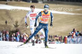 25.03.2018, Schonach, Germany (GER): Akito Watabe (JPN), Jarl Magnus Riiber (NOR), (l-r)  - FIS world cup nordic combined, individual gundersen HS106/15km, Schonach (GER). www.nordicfocus.com. © Modica/NordicFocus. Every downloaded picture is fee-liable.