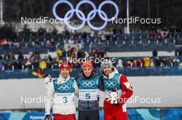 14.02.2018, Pyeongchang, Korea (KOR): Akito Watabe (JPN), Eric Frenzel (GER), Lukas Klapfer (AUT), (l-r) - XXIII. Olympic Winter Games Pyeongchang 2018, nordic combined, individual gundersen HS109/10km, Pyeongchang (KOR). www.nordicfocus.com. © Thibaut/NordicFocus. Every downloaded picture is fee-liable.
