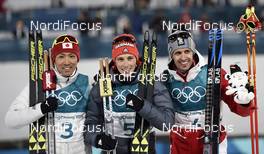 14.02.2018, Pyeongchang, Korea (KOR): Akito Watabe (JPN), Eric Frenzel (GER), Franz-Josef Rehrl (AUT), (l-r) - XXIII. Olympic Winter Games Pyeongchang 2018, nordic combined, individual gundersen HS109/10km, Pyeongchang (KOR). www.nordicfocus.com. © Thibaut/NordicFocus. Every downloaded picture is fee-liable.
