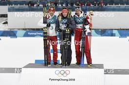 14.02.2018, Pyeongchang, Korea (KOR): Akito Watabe (JPN), Eric Frenzel (GER), Franz-Josef Rehrl (AUT), (l-r) - XXIII. Olympic Winter Games Pyeongchang 2018, nordic combined, individual gundersen HS109/10km, Pyeongchang (KOR). www.nordicfocus.com. © Thibaut/NordicFocus. Every downloaded picture is fee-liable.