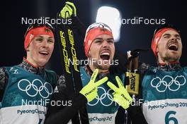 20.02.2018, Pyeongchang, Korea (KOR): Eric Frenzel (GER), Johannes Rydzek (GER), Fabian Riessle (GER) - XXIII. Olympic Winter Games Pyeongchang 2018, nordic combined, individual gundersen HS140/10km, Pyeongchang (KOR). www.nordicfocus.com. © Thibaut/NordicFocus. Every downloaded picture is fee-liable.