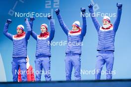 23.02.2018, Pyeongchang, Korea (KOR): Jan Schmid (NOR), Espen Andersen (NOR), Jarl Magnus Riiber (NOR), Joergen Graabak (NOR), (l-r) - XXIII. Olympic Winter Games Pyeongchang 2018, nordic combined, medals, Pyeongchang (KOR). www.nordicfocus.com. © Modica/NordicFocus. Every downloaded picture is fee-liable.