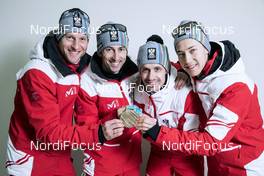 23.02.2018, Pyeongchang, Korea (KOR): Bernhard Gruber (AUT), Wilhelm Denifl (AUT), Lukas Klapfer (AUT), Mario Seidl (AUT), (l-r)  - XXIII. Olympic Winter Games Pyeongchang 2018, nordic combined, medals, Pyeongchang (KOR). www.nordicfocus.com. © Modica/NordicFocus. Every downloaded picture is fee-liable.