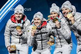23.02.2018, Pyeongchang, Korea (KOR): Vinzenz Geiger (GER), Fabian Riessle (GER), Eric Frenzel (GER), Johannes Rydzek (GER), (l-r) - XXIII. Olympic Winter Games Pyeongchang 2018, nordic combined, medals, Pyeongchang (KOR). www.nordicfocus.com. © Modica/NordicFocus. Every downloaded picture is fee-liable.