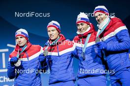 23.02.2018, Pyeongchang, Korea (KOR): Jan Schmid (NOR), Espen Andersen (NOR), Jarl Magnus Riiber (NOR), Joergen Graabak (NOR), (l-r) - XXIII. Olympic Winter Games Pyeongchang 2018, nordic combined, medals, Pyeongchang (KOR). www.nordicfocus.com. © Modica/NordicFocus. Every downloaded picture is fee-liable.