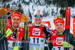 23.12.2018, Ramsau, Austria (AUT): Johannes Rydzek (GER), Joergen Graabak (NOR), Fabian Riessle (GER) (l-r)  - FIS world cup nordic combined, individual gundersen HS98/10km, Ramsau (AUT). www.nordicfocus.com. © Volk/NordicFocus. Every downloaded picture is fee-liable.