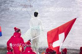 09.02.2018, Pyeongchang, Korea (KOR): Dario Cologna (SUI) with the Swiss Flag - XXIII. Olympic Winter Games Pyeongchang 2018, opening ceremony, Pyeongchang (KOR). www.nordicfocus.com. © Manzoni/NordicFocus. Every downloaded picture is fee-liable.
