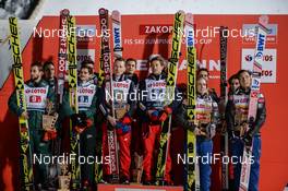 27.01.2018, Zakopane, Poland (POL): Anders Fannemel (NOR), Johann Andre Forfang (NOR), Marius Lindvik (NOR), Andreas Stjernen (NOR), Markus Eisenbichler (GER), Stephan Leyhe (GER), Andreas Wellinger (GER), Richard Freitag (GER), Kamil Stoch (POL), Dawid Kubacki (POL), Stefan Hula (POL), Maciej Kot (POL) - FIS world cup ski jumping, team HS140, Zakopane (POL). www.nordicfocus.com. © Tumashov/NordicFocus. Every downloaded picture is fee-liable.