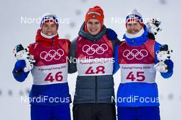 10.02.2018, Pyeongchang, Korea (KOR): Johann Andre Forfang (NOR), Andreas Wellinger (GER), Robert Johansson (NOR), (l-r) - XXIII. Olympic Winter Games Pyeongchang 2018, ski jumping, individual HS109, Pyeongchang (KOR). www.nordicfocus.com. © Thibaut/NordicFocus. Every downloaded picture is fee-liable.