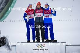 10.02.2018, Pyeongchang, Korea (KOR): Johann Andre Forfang (NOR), Andreas Wellinger (GER), Robert Johansson (NOR), (l-r) - XXIII. Olympic Winter Games Pyeongchang 2018, ski jumping, individual HS109, Pyeongchang (KOR). www.nordicfocus.com. © Thibaut/NordicFocus. Every downloaded picture is fee-liable.
