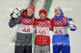 17.02.2018, Pyeongchang, Korea (KOR): Andreas Wellinger (GER), Kamil Stoch (POL), Robert Johansson (NOR), (l-r) - XXIII. Olympic Winter Games Pyeongchang 2018, ski jumping, individual HS140, Pyeongchang (KOR). www.nordicfocus.com. © Thibaut/NordicFocus. Every downloaded picture is fee-liable.