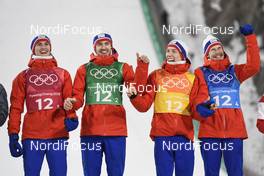 19.02.2018, Pyeongchang, Korea (KOR): Daniel Andre Tande (NOR), Andreas Stjernen (NOR), Johann Andre Forfang (NOR), Robert Johansson (NOR), (l-r) - XXIII. Olympic Winter Games Pyeongchang 2018, ski jumping, team HS140, Pyeongchang (KOR). www.nordicfocus.com. © Thibaut/NordicFocus. Every downloaded picture is fee-liable.