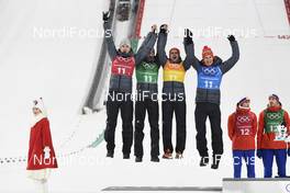 19.02.2018, Pyeongchang, Korea (KOR): Karl Geiger (GER), Stephan Leyhe (GER), Richard Freitag (GER), Andreas Wellinger (GER), (l-r) - XXIII. Olympic Winter Games Pyeongchang 2018, ski jumping, team HS140, Pyeongchang (KOR). www.nordicfocus.com. © Thibaut/NordicFocus. Every downloaded picture is fee-liable.