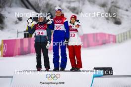 12.02.2018, Pyeongchang, Korea (KOR): Katharina Althaus (GER), Maren Lundby (NOR), Sara Takanashi (JPN), (l-r) - XXIII. Olympic Winter Games Pyeongchang 2018, ski jumping ladies, individual HS109, Pyeongchang (KOR). www.nordicfocus.com. © Thibaut/NordicFocus. Every downloaded picture is fee-liable.