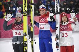 12.02.2018, Pyeongchang, Korea (KOR): Katharina Althaus (GER), Maren Lundby (NOR), Sara Takanashi (JPN) - XXIII. Olympic Winter Games Pyeongchang 2018, ski jumping ladies, individual HS109, Pyeongchang (KOR). www.nordicfocus.com. © Thibaut/NordicFocus. Every downloaded picture is fee-liable.