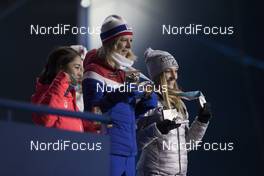 13.02.2018, Pyeongchang, Korea (KOR): Sara Takanashi (JPN), Maren Lundby (NOR), Katharina Althaus (GER), (l-r)  - XXIII. Olympic Winter Games Pyeongchang 2018, ski jumping ladies, medals,  Pyeongchang (KOR). www.nordicfocus.com. © Manzoni/NordicFocus. Every downloaded picture is fee-liable.