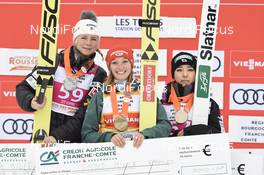 16.12.2018, Premanon, France (FRA): Maren Lundby (NOR), Katharina Althaus (GER), Sara Takanashi (JPN) - FIS world cup ski jumping ladies, individual HS90, Premanon (FRA). www.nordicfocus.com. © Thibaut/NordicFocus. Every downloaded picture is fee-liable.