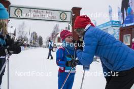 03.03.2018, Mora, Sweden (SWE): Event Feature: Finisher is interviewed by stadium announcer at the childrens loppet- Visma Ski Classics, 94th Vasaloppet, Mora (SWE). www.nordicfocus.com. © Manzoni/NordicFocus. Every downloaded picture is fee-liable.