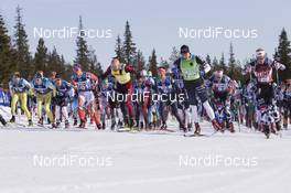 14.04.2018, Levi, Finland (FIN): Andreas Nygaard (NOR), Stian Hoelgaard (NOR), Iivo Niskanen (FIN), Anders Aukland (NOR), Tord Asle Gjerdalen (NOR), Anton Karlsson (SWE), Oskar Kardin (SWE), Morten Eide Pedersen (NOR), (l-r) - Visma Ski Classics Yllaes-Levi, Levi (FIN). www.nordicfocus.com. © Manzoni/NordicFocus. Every downloaded picture is fee-liable.