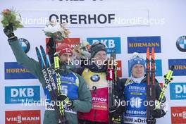 12.01.2019, Oberhof, Germany (GER): Arnd Peiffer (GER), Johannes Thingnes Boe (NOR), Lukas Hofer (ITA), (l-r) -  IBU world cup biathlon, pursuit men, Oberhof (GER). www.nordicfocus.com. © Manzoni/NordicFocus. Every downloaded picture is fee-liable.