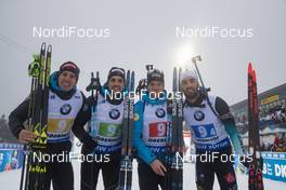 13.01.2019, Oberhof, Germany (GER): Quentin Fillon Maillet (FRA), Simon Desthieux (FRA), Antonin Guigonnat (FRA), Martin Fourcade (FRA), (l-r) -  IBU world cup biathlon, relay men, Oberhof (GER). www.nordicfocus.com. © Manzoni/NordicFocus. Every downloaded picture is fee-liable.