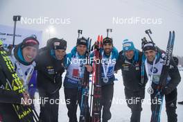 13.01.2019, Oberhof, Germany (GER): Quentin Fillon Maillet (FRA), Vincent Vittoz (FRA), coach team France, Antonin Guigonnat (FRA), Martin Fourcade (FRA), Patrick Favre (ITA), coach of team France, Simon Desthieux (FRA), (l-r) -  IBU world cup biathlon, relay men, Oberhof (GER). www.nordicfocus.com. © Manzoni/NordicFocus. Every downloaded picture is fee-liable.