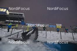09.01.2019, Oberhof, Germany (GER): Event Feature: Volunteers and fans clean the grand stand from snow -  IBU world cup biathlon, training, Oberhof (GER). www.nordicfocus.com. © Manzoni/NordicFocus. Every downloaded picture is fee-liable.