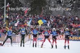 18.01.2019, Ruhpolding, Germany (GER): Benedikt Doll (GER), Arnd Peiffer (GER), Julian Eberhard (AUT), Dominik Landertinger (AUT), Johannes Thingnes Boe (NOR), Tarjei Boe (NOR), (l-r) -  IBU world cup biathlon, relay men, Ruhpolding (GER). www.nordicfocus.com. © Manzoni/NordicFocus. Every downloaded picture is fee-liable.