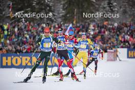 18.01.2019, Ruhpolding, Germany (GER): Arnd Peiffer (GER), Dominik Landertinger (AUT), Dmitry Malyshko (RUS), Martin Ponsiluoma (SWE), (l-r) -  IBU world cup biathlon, relay men, Ruhpolding (GER). www.nordicfocus.com. © Manzoni/NordicFocus. Every downloaded picture is fee-liable.