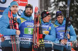 18.01.2019, Ruhpolding, Germany (GER): Quentin Fillon Maillet (FRA), Simon Desthieux (FRA), Martin Fourcade (FRA) -  IBU world cup biathlon, relay men, Ruhpolding (GER). www.nordicfocus.com. © Tumashov/NordicFocus. Every downloaded picture is fee-liable.