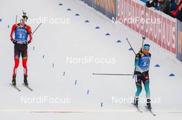 18.01.2019, Ruhpolding, Germany (GER): Simon Desthieux (FRA), Julian Eberhard (AUT) -  IBU world cup biathlon, relay men, Ruhpolding (GER). www.nordicfocus.com. © Tumashov/NordicFocus. Every downloaded picture is fee-liable.