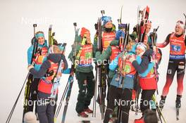 19.01.2019, Ruhpolding, Germany (GER): Laura Dahlmeier (GER), Anais Bescond (FRA), Justine Braisaz (FRA), Marte Olsbu Roeiseland (NOR) -  IBU world cup biathlon, relay women, Ruhpolding (GER). www.nordicfocus.com. © Tumashov/NordicFocus. Every downloaded picture is fee-liable.