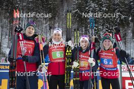 19.01.2019, Ruhpolding, Germany (GER): Synnoeve Solemdal (NOR), Ingrid Landmark Tandrevold (NOR), Tiril Eckhoff (NOR), Marte Olsbu Roeiseland (NOR), (l-r) -  IBU world cup biathlon, relay women, Ruhpolding (GER). www.nordicfocus.com. © Manzoni/NordicFocus. Every downloaded picture is fee-liable.