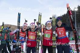19.01.2019, Ruhpolding, Germany (GER): Marte Olsbu Roeiseland (NOR), Tiril Eckhoff (NOR), Ingrid Landmark Tandrevold (NOR), Synnoeve Solemdal (NOR), (l-r) -  IBU world cup biathlon, relay women, Ruhpolding (GER). www.nordicfocus.com. © Manzoni/NordicFocus. Every downloaded picture is fee-liable.