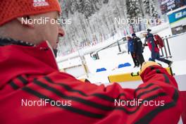 15.01.2019, Ruhpolding, Germany (GER): Event Feature: infront technician fixes a advertisement billboard -  IBU world cup biathlon, training, Ruhpolding (GER). www.nordicfocus.com. © Manzoni/NordicFocus. Every downloaded picture is fee-liable.