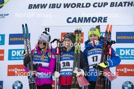 07.02.2019, Canmore, Canada (CAN): Marketa Davidova (CZE), Tiril Eckhoff (NOR), Lisa Vittozzi (ITA), (l-r) -  IBU world cup biathlon, short individual women, Canmore (CAN). www.nordicfocus.com. © Manzoni/NordicFocus. Every downloaded picture is fee-liable.