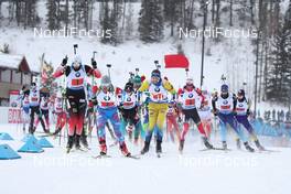 08.02.2019, Canmore, Canada (CAN): Lars Helge Birkeland (NOR), Evgeniy Garanichev (RUS), Gabriel Stegmayr (SWE), Roman Rees (GER), Antonin Guigonnat (FRA), (l-r) -  IBU world cup biathlon, relay men, Canmore (CAN). www.nordicfocus.com. © Manzoni/NordicFocus. Every downloaded picture is fee-liable.