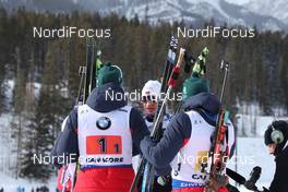 08.02.2019, Canmore, Canada (CAN): Lars Helge Birkeland (NOR), Johannes Thingnes Boe (NOR), Erlend Bjoentegaard (NOR), (l-r) -  IBU world cup biathlon, relay men, Canmore (CAN). www.nordicfocus.com. © Manzoni/NordicFocus. Every downloaded picture is fee-liable.