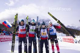08.02.2019, Canmore, Canada (CAN): Lars Helge Birkeland (NOR), Vetle Sjaastad Christiansen (NOR), Erlend Bjoentegaard (NOR), Johannes Thingnes Boe (NOR), (l-r) -  IBU world cup biathlon, relay men, Canmore (CAN). www.nordicfocus.com. © Manzoni/NordicFocus. Every downloaded picture is fee-liable.